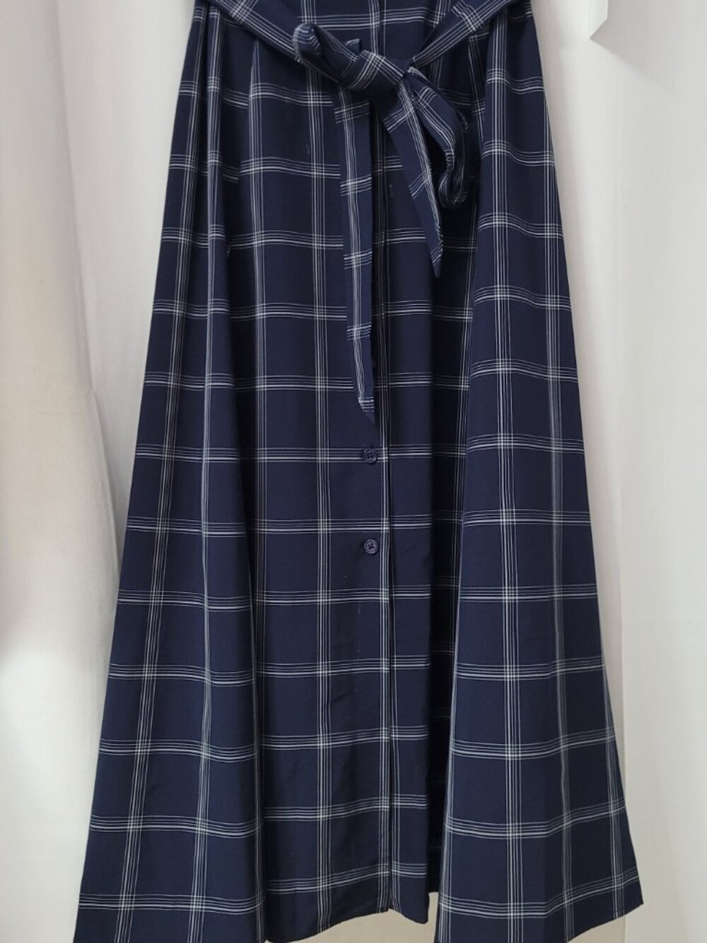 NWT Calvin Klein Navy Windowpane Plaid Belted Midi Shirt Dress - Picture 7 of 13